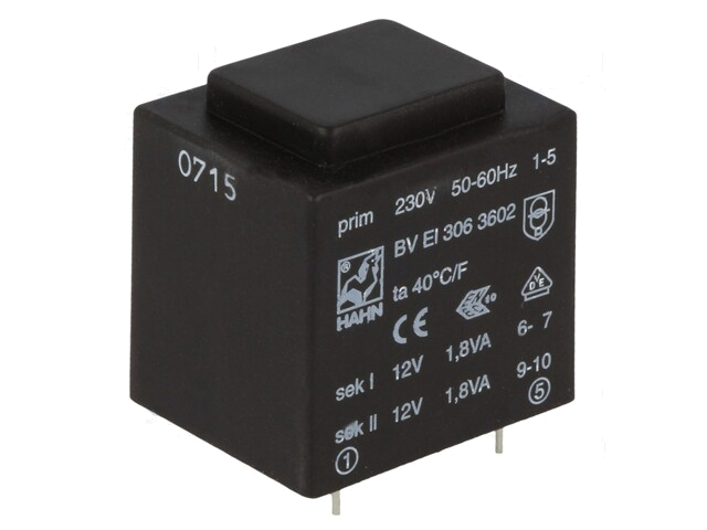 Transformator: ingegoten; 3,6VA; 230VAC; 12V; 12V; 150mA; 150mA; PCB Transformator: ingegoten; 3,6VA; 230VAC; 12V; 12V; 150mA; 150mA; PCB